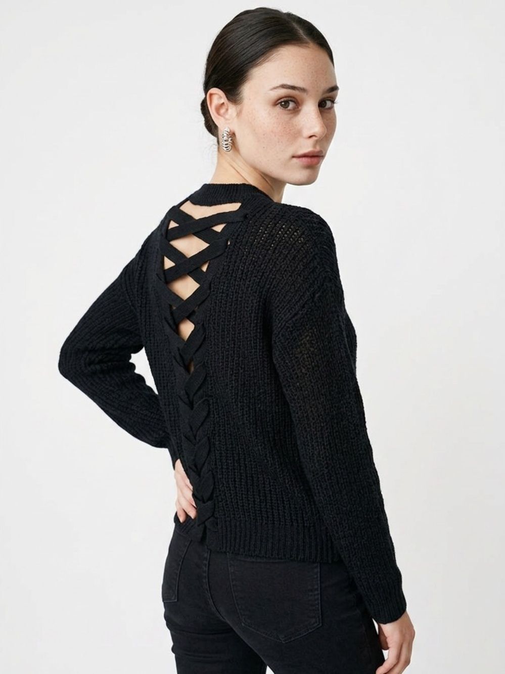 DEREK HEART | Black Lace Up Back Open Cardigan L